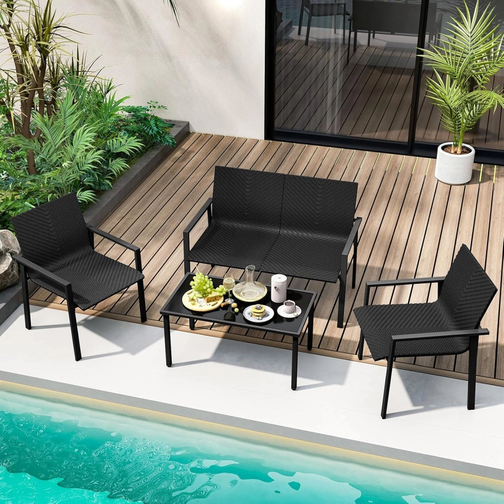 Set di mobili da giardino per esterni, set di mobili da giardino in polyrattan, 4 pezzi, mobili da terrazzo, set da 4 persone, tavolo da 2 sedie, per balcone, set da balcone, resistente alle