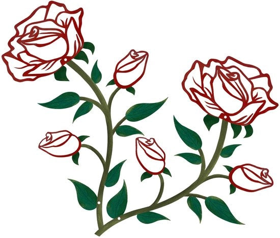 Decorazione da parete grande fiori rossi e verdi, 35 cm alte, con rosa grande fiori metallica, per Valentino, decorazione per interni e esterni, 2 pezzi