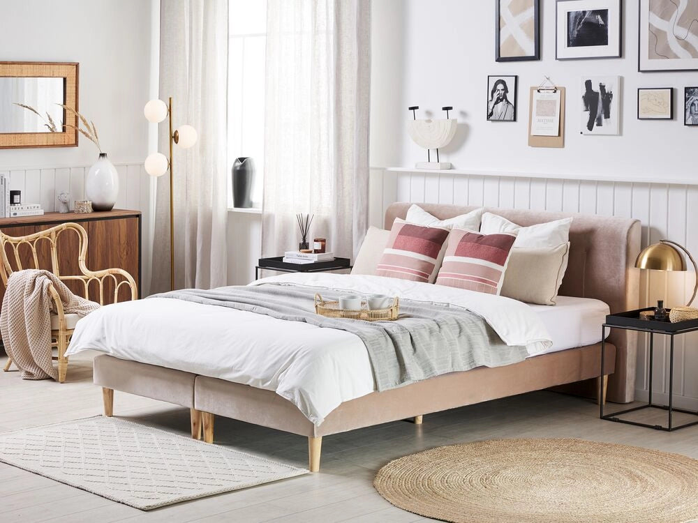 Letto Beige Velluto Tappezzeria 160 x 200 cm Continentale Con Materasso Testiera Box Molle