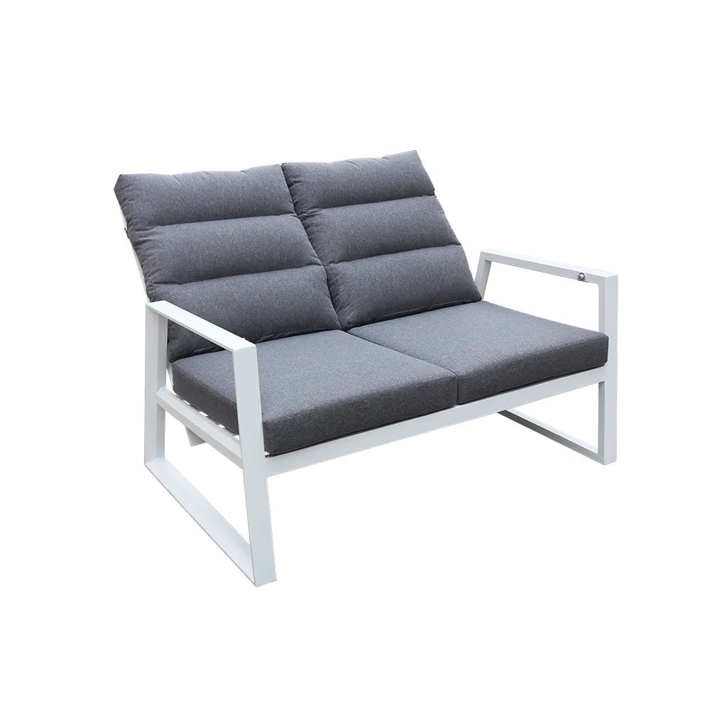 Tempo Style - Salottino Lounge in alluminio MIKONOS bianco/grigio | Lounge da giardino con divano, tavolo, 2 poltrone e cuscini | Set di mobili da giardino in metallo da 4 persone