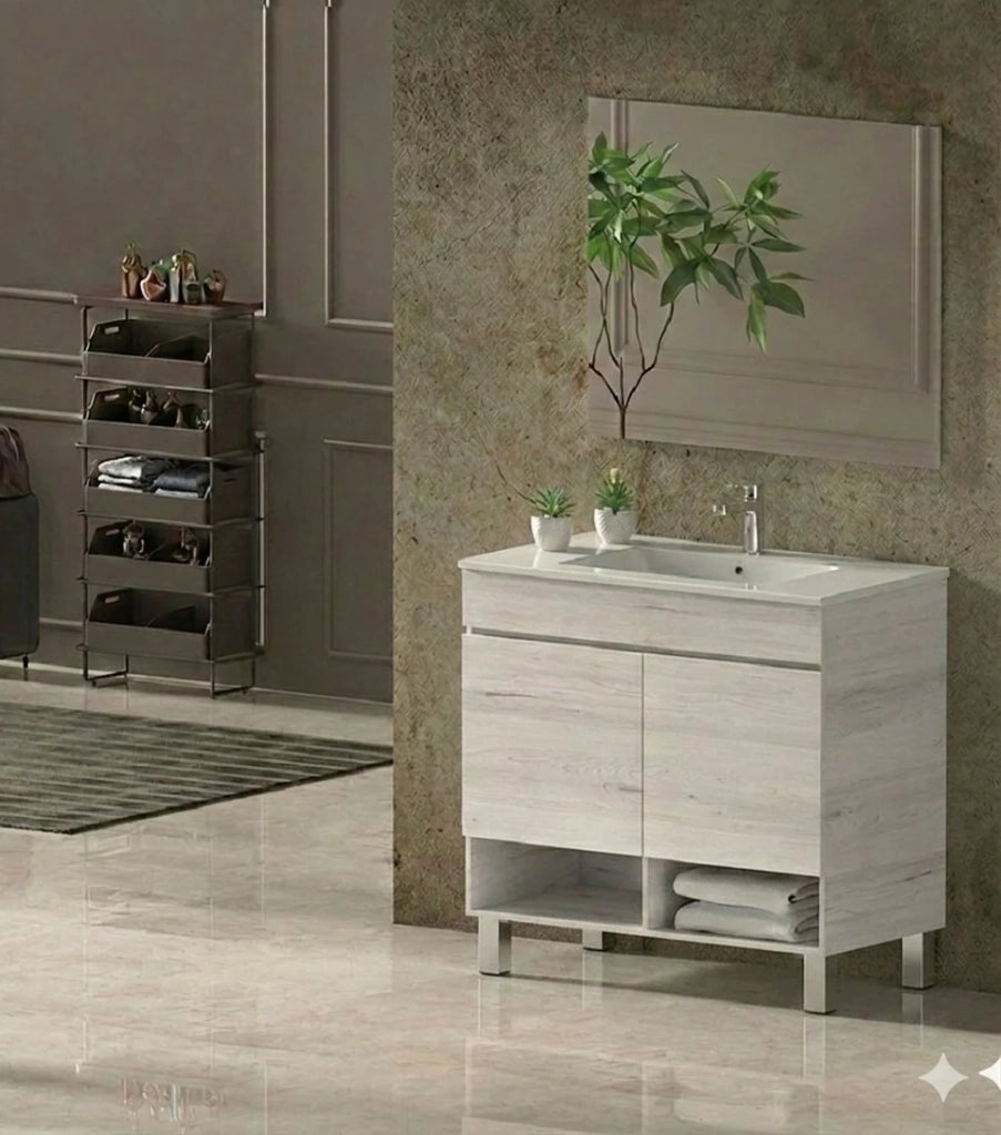 Mobile Bagno NEBARI com gambe Già Montato 2 portas, lavabo e specchio Bianco nordico 60x45 cm