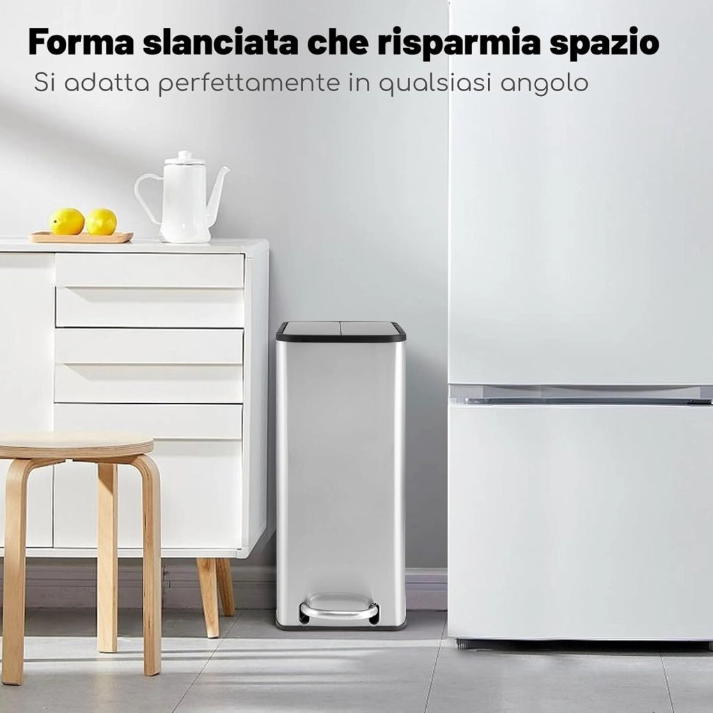 Bidone per Rifiuti in Acciaio Inox 46L, Cestino per Spazzatura con Ali a Bloccaggio Morbido e Secchio Interno Rimovibile, Bidone della Spazzatura a Pedale per Casa Ufficio