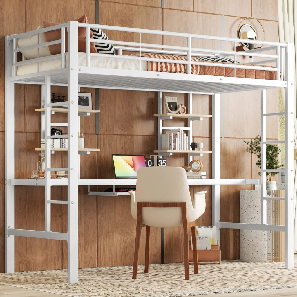 Letto a soppalco in metallo con scrivania e librerie, bianco, 90 x 200 cm