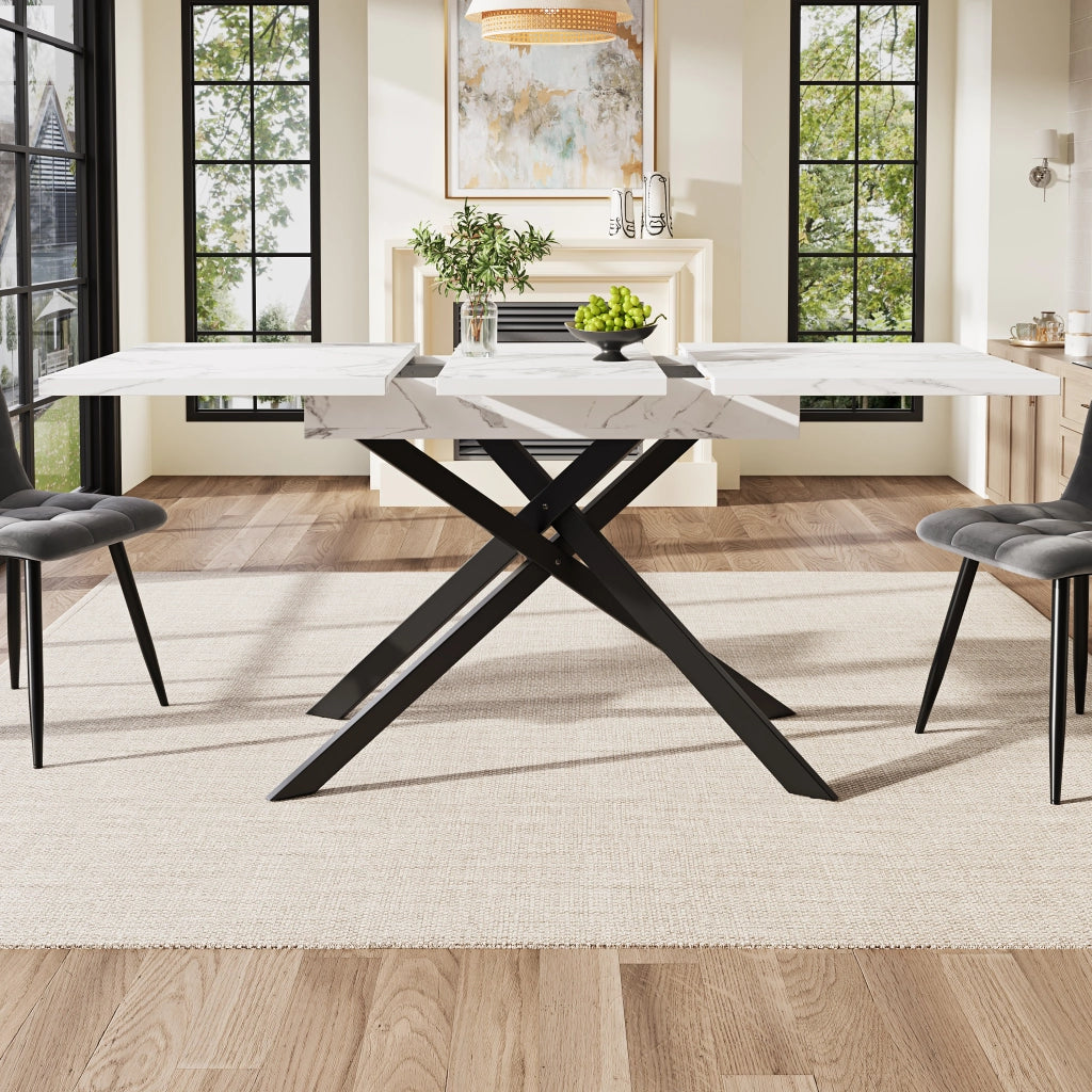 Tavolo allungabile per 6-8 persone con gambe incrociate in metallo, per cucina e soggiorno, bianco e nero, 120 × 80 × 76,5 cm