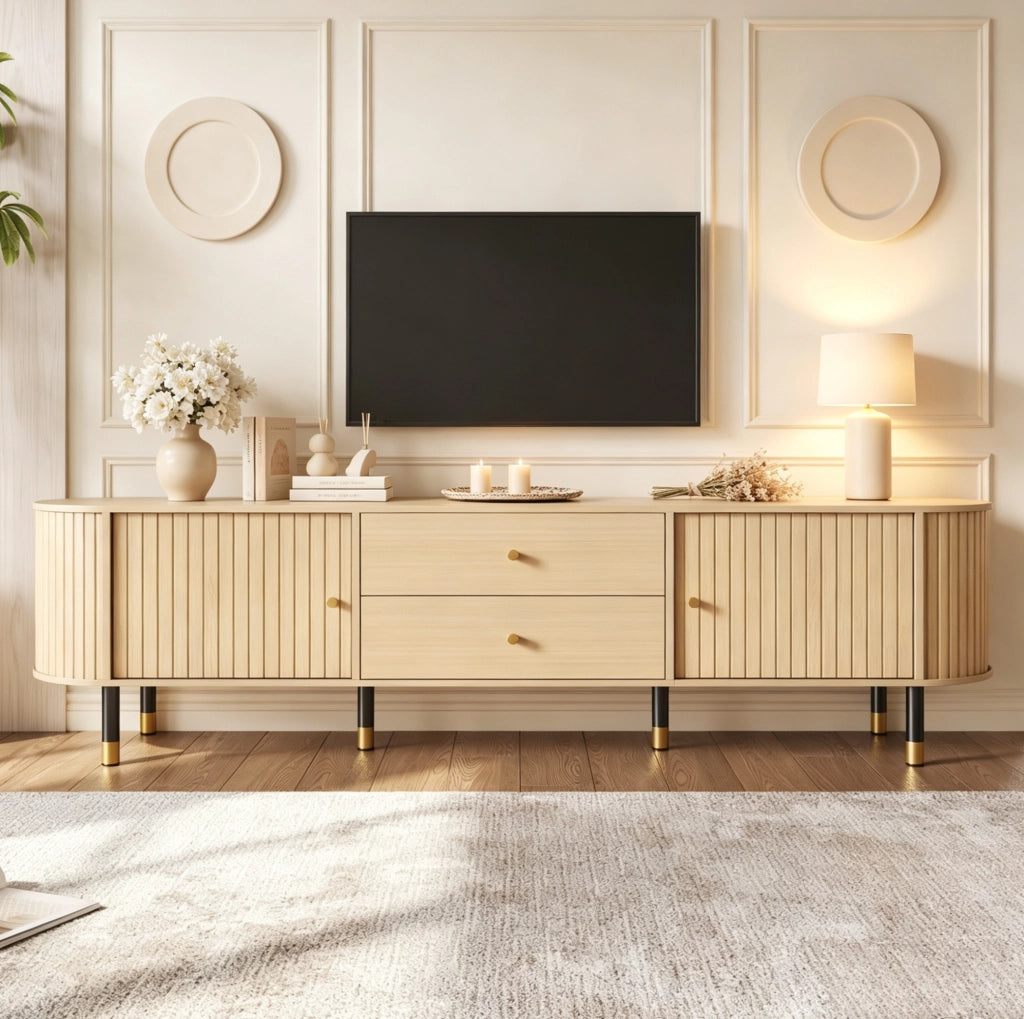 Mobile TV 180x40x58 cm con 2 cassetti; 2 ante e gestione cavi in MDF naturale