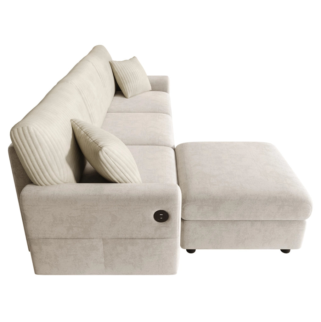 Sofa moderno beige con pouf; 2 cuscini; porta USB e Type-C; 223x146x84 cm