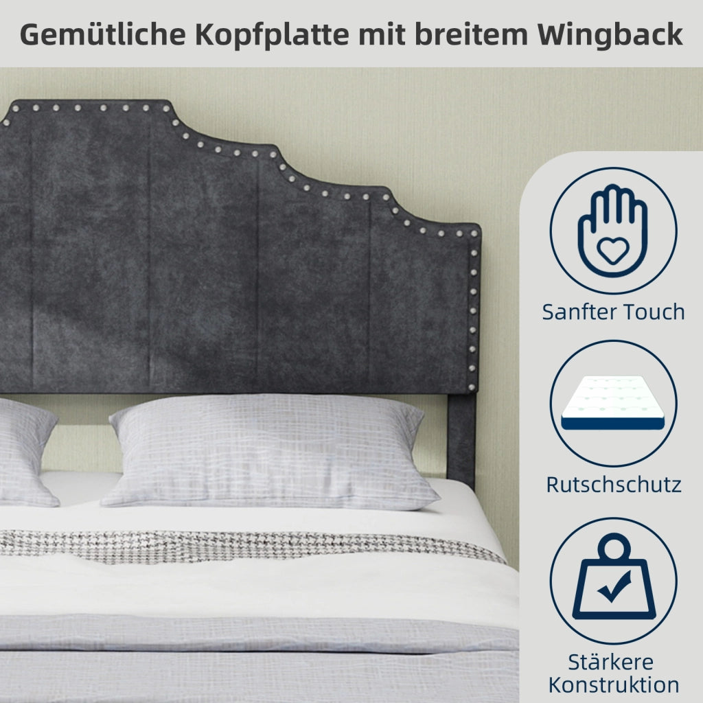 Letto Contenitore Matrimoniale 160x200 cm; con Testiera Geometrica in Tessuto; Grigio