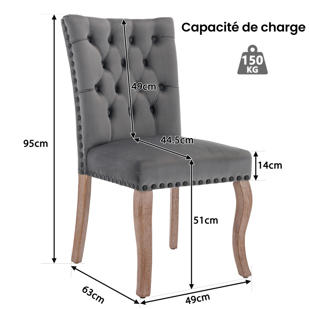 Sedia da pranzo moderna in velluto con schienale decorato e borchie ramate, gambe in legno massiccio grigio
