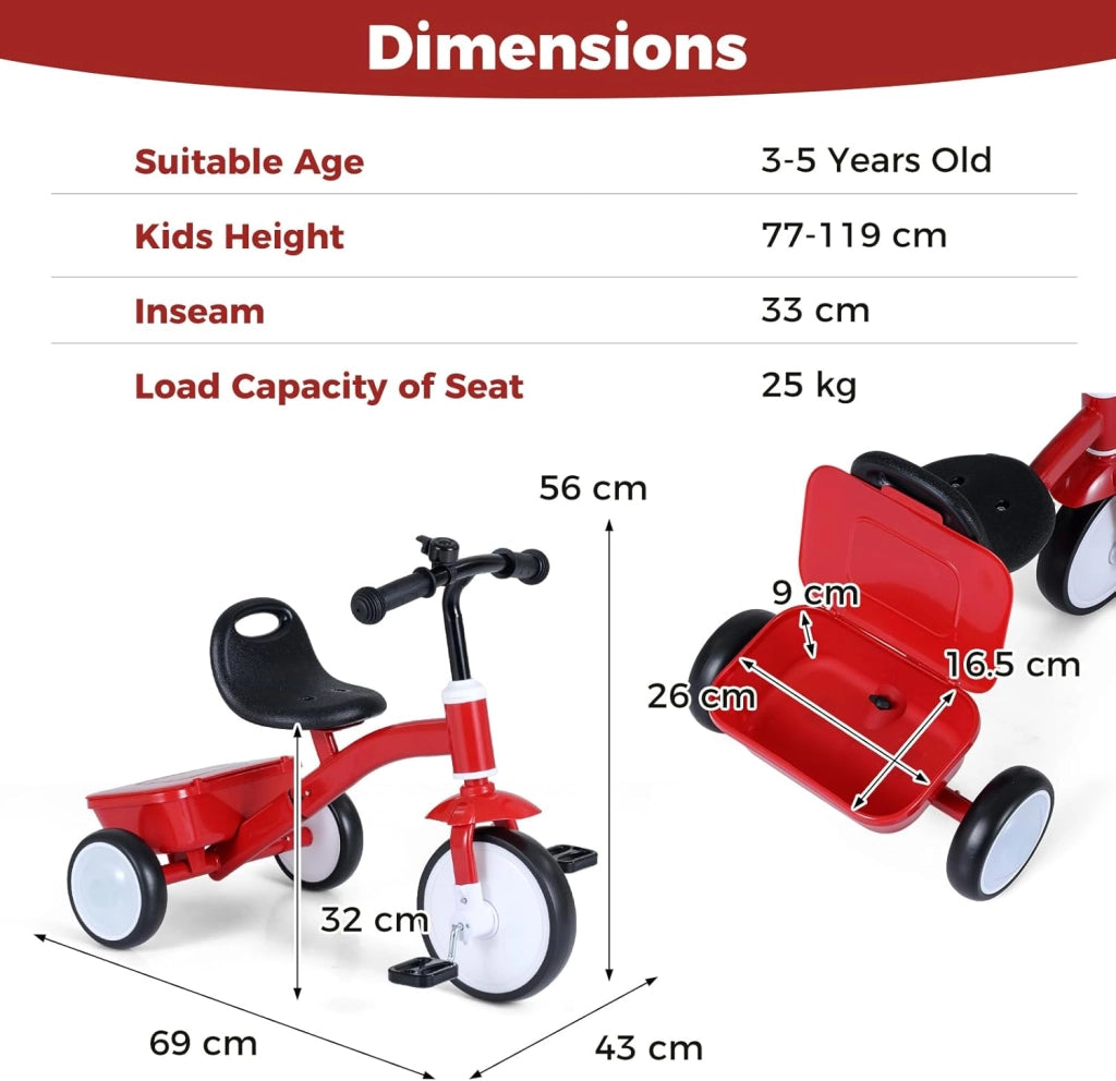 Triciclo Bambini 3-5 Anni, Triciclo Evolutivo con Ruote Luminose, Sedile Regolabile in 4 Posizioni, Pedali Rimovibili, Vano Portaoggetti Posteriore, Carico 25 KG, Regalo Bambino 3-5 Anni