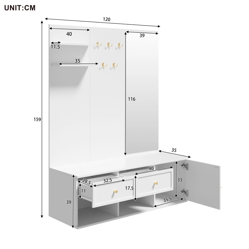 Set ingresso multifunzione con specchio, ripiani, cassetti e ganci, 120 x 35 x 159 cm, bianco