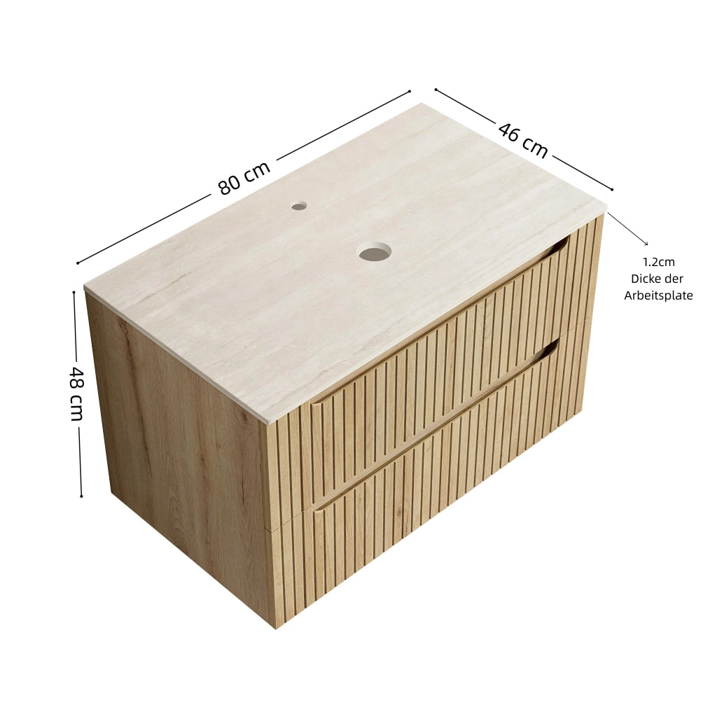 Mobile bagno sospeso con 2 cassetti e piano in pietra sinterizzata; stile moderno per bagno; rovere chiaro 89×55×61 cm