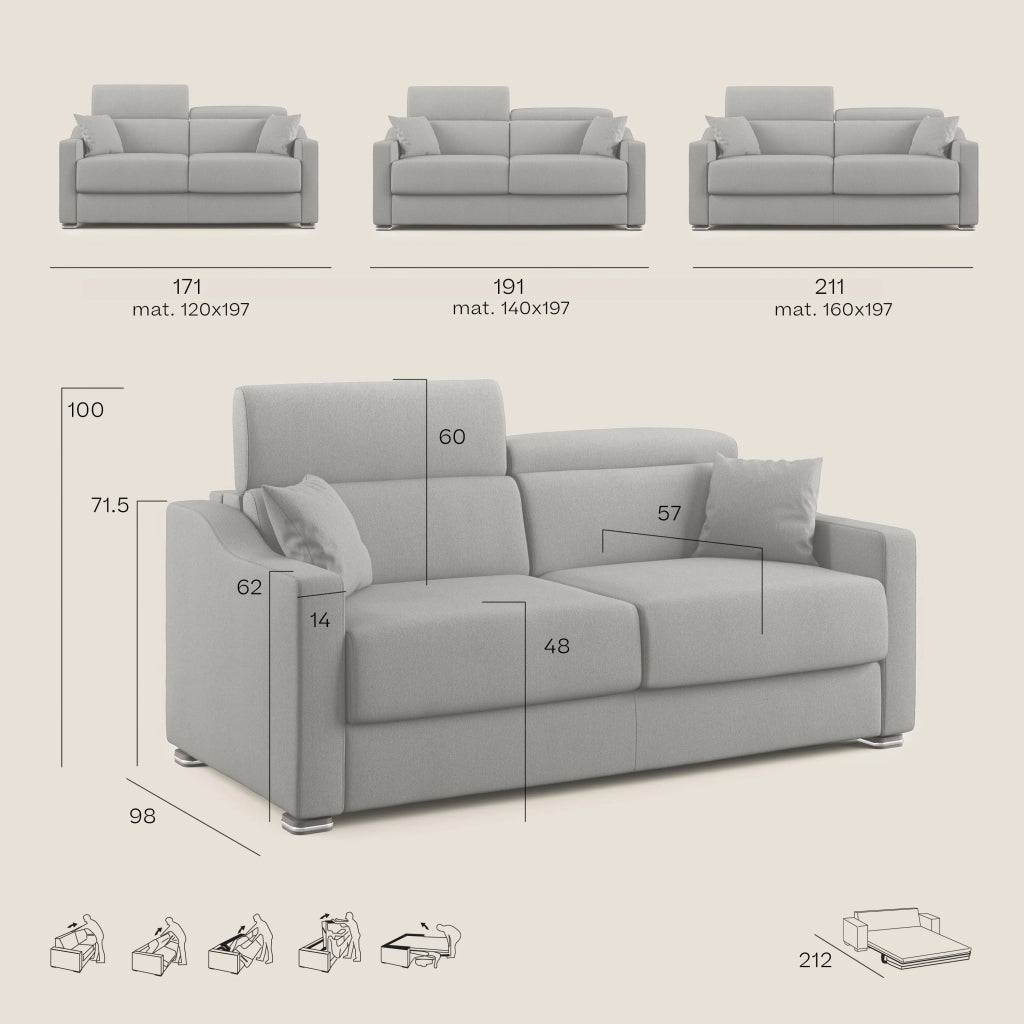 Amber Divano letto matrimoniale in tessuto smacchiabile T05 191 cm (mat. 140x197) grigio