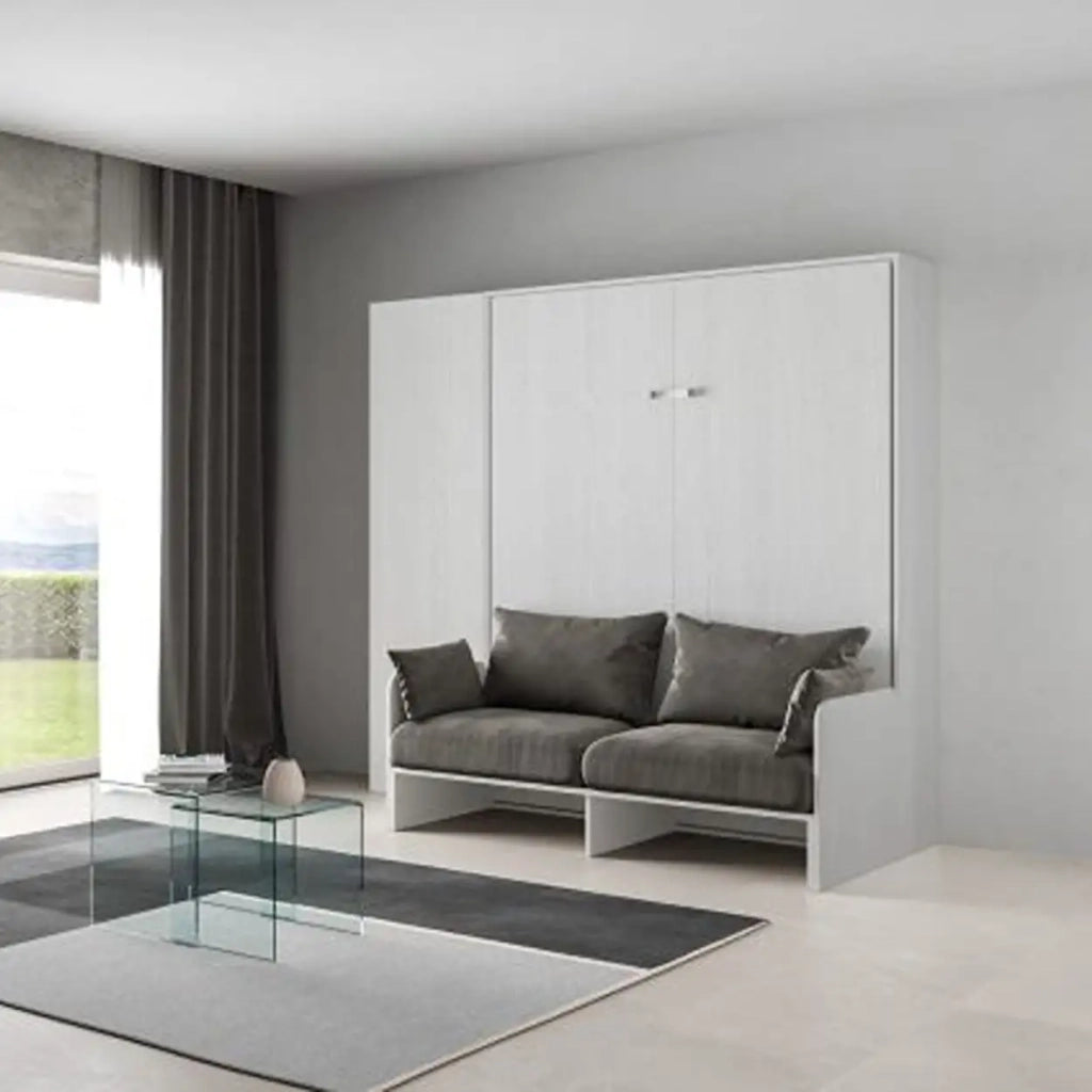 Letto matrimoniale a scomparsa 160 Kentaro con divano e colonna bianco frassino, grigio