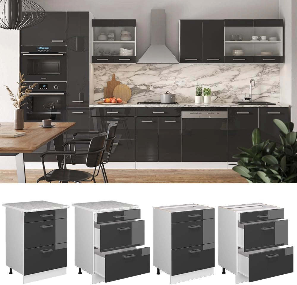 Mobiletto base per cucina R-Line, Antracite lucido, 60 cm con cassetti, senza piano di lavoro, per la libera combinazione all'interno di sistemi cucina modulari