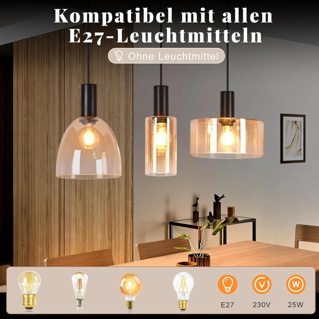 ZMH Lampada a Sospensione 3 Luci Vetro Ambra Industriale Altezza Regolabile per Soggiorno Sala da Pranzo Senza Lampadina