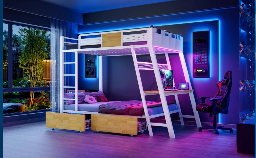 Letto a soppalco 90 × 200 cm con scrivania, prese USB e Type-C, LED e contenitori, senza materasso, metallo bianco