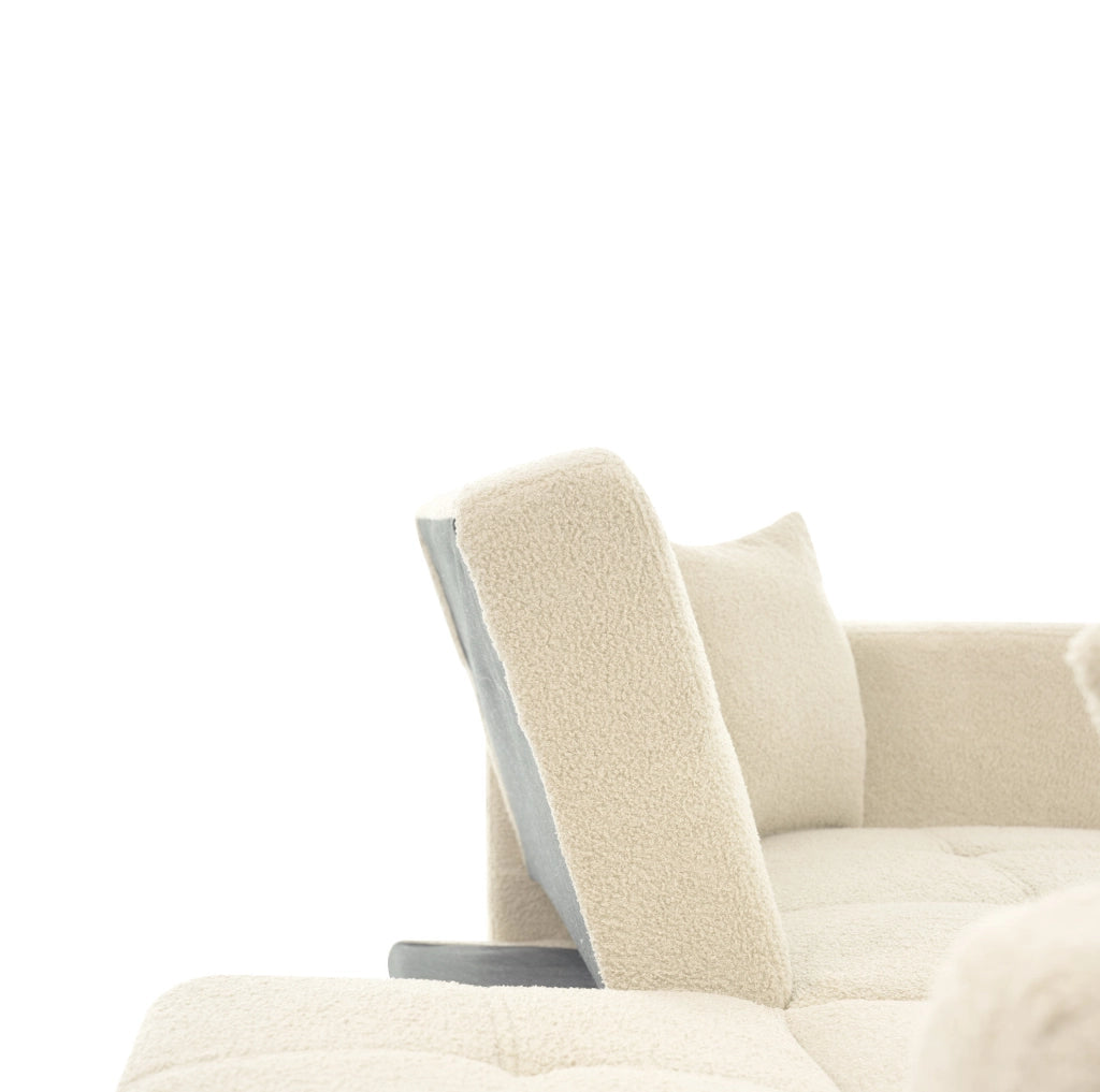 Divano letto ULEVR 175 cm beige con schienale regolabile, tasche laterali e gambe dorate