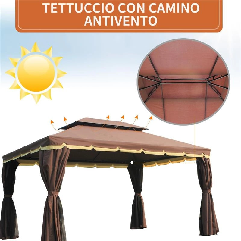 GAZEBO CON DOPPIO TETTO E ZANZARIERA IN POLIESTERE 2.9 X 3.9 M CAFFÈ