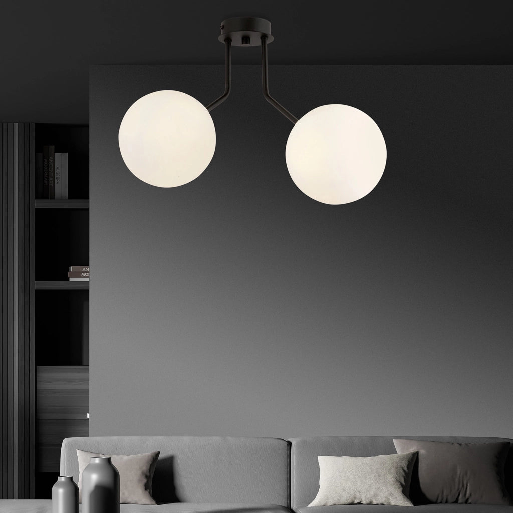 Plafoniera Moderna 2 Luci Orione In Acciaio Nero E Sfere Vetro Opale