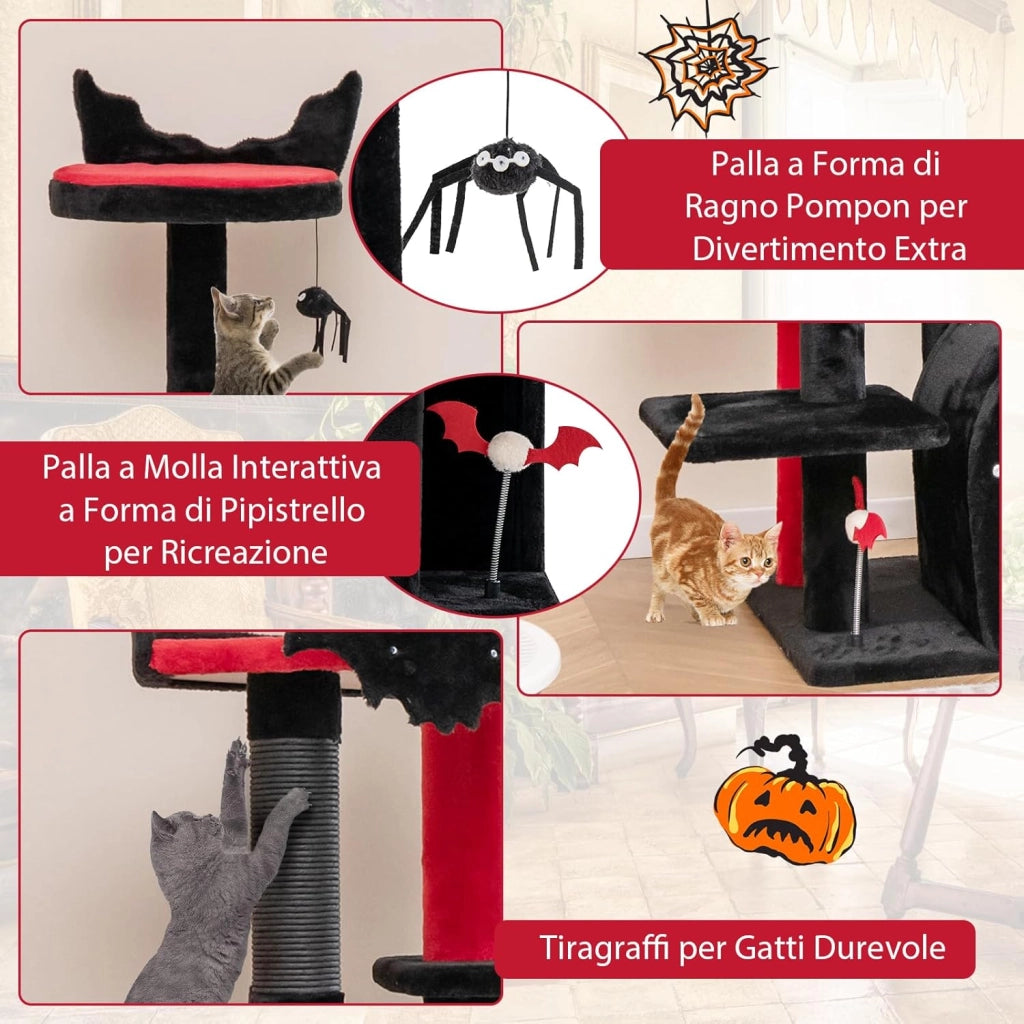 Albero per Gatti Gotico, Tiragraffi con Letto per Gatti, Condominio ad Arco, Pali, Pompom e Palline a Molla, Cat Tree di Halloween a 6 Livelli, Nero e Rosso