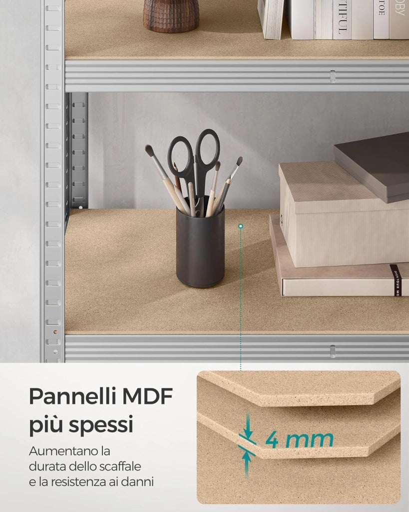 SONGMICS Scaffalatura a 5 Ripiani, Scaffale in Acciaio, Montaggio Senza Viti, Utensili, Strumenti in Garage, Magazzino, Ripostiglio, Portante 750 kg, 60 x 120 x 200 cm, Argento GLR060E01