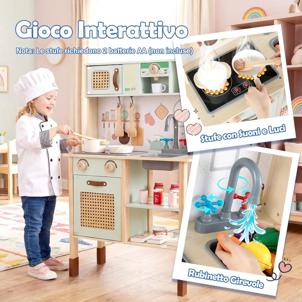 Cucina Giocattolo Bifacciale per Bambini, Cucina Educativa in Legno con Porte in Rattan, Lavagna sul Retro, Luci e Suoni, Accessori Completi, Gioco di Imitazione 3+ Anni, 60 x 29 x 95 cm