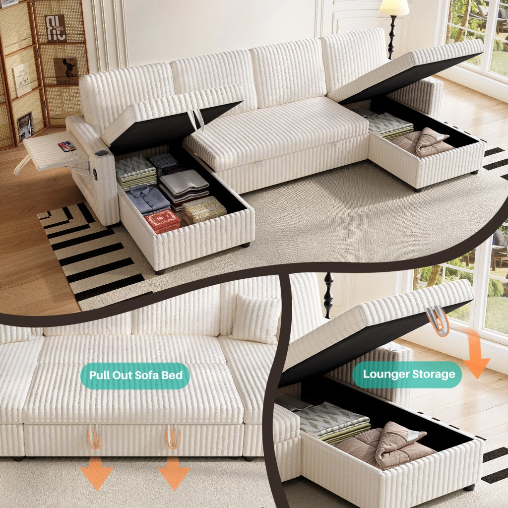 Divano panoramico a U modulare con funzione letto; contenitore; USB e portabicchieri in velluto a coste beige