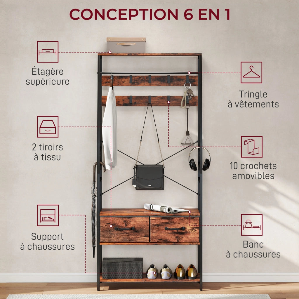 Mobile ingresso 6 in 1 con appendiabiti, gancio, ripiani e cassetti ¨C Minimal ¨C 80x30x180 cm marrone