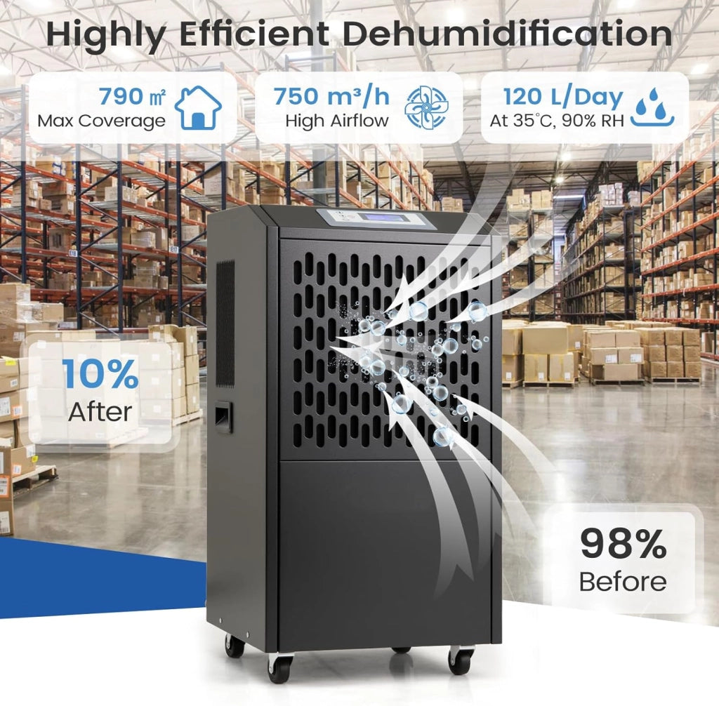 Deumidificatore Elettrico 118L/Giorno, Deumidificatore Professionale Industriale con Ruote, Tubo di Scarico, Timer 24 Ore, Filtro Rimovibile Lavabile, per Cantine, Magazzini, Scantinati (Nero)