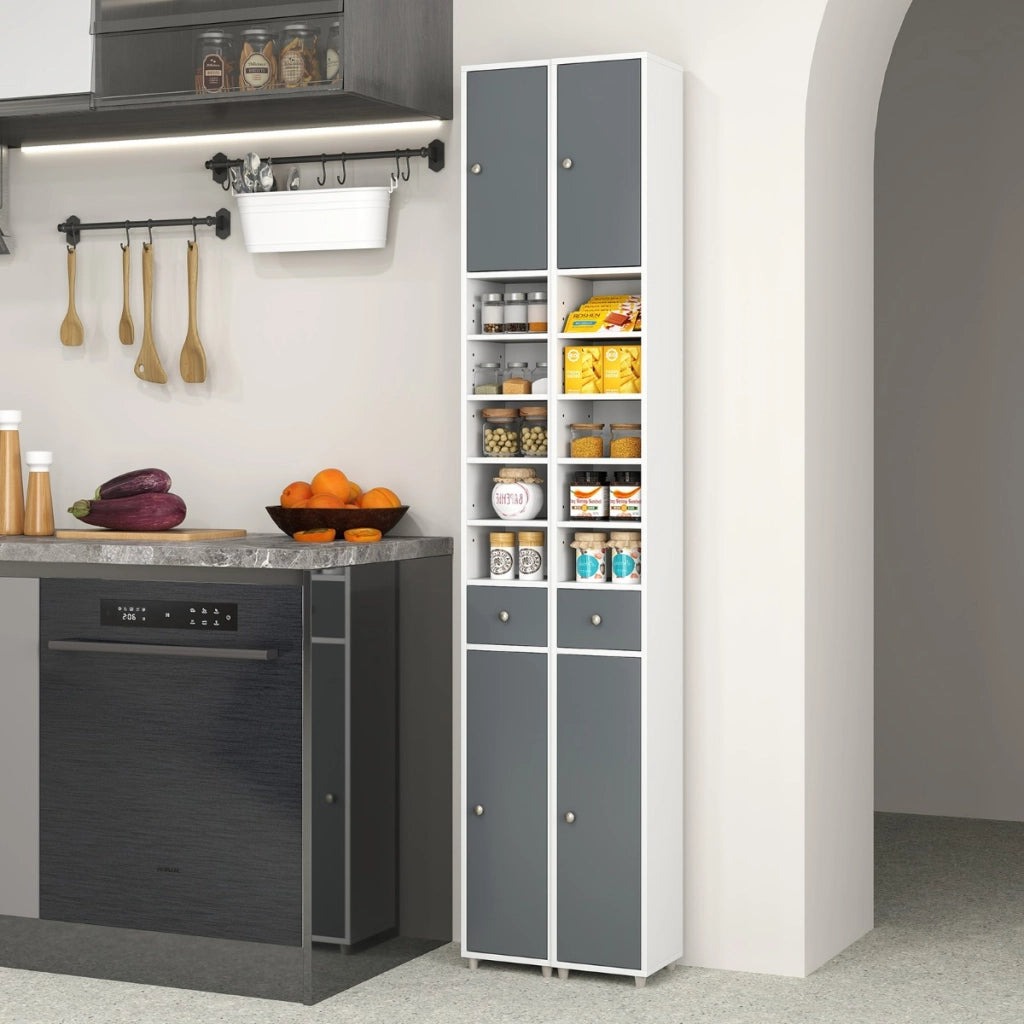 Mobile colonna da bagno con 2 ante 1 cassetto e 5 ripiani regolabili-Colonna bagno da terra salvaspazio Grigio e Bianco