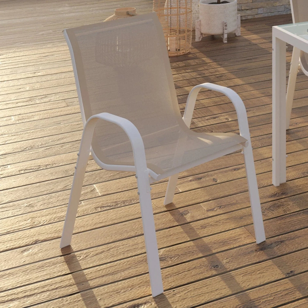 IDMarket - Set di 4 sedie da giardino impilabili LYMA in metallo e textilene, bianco e beige