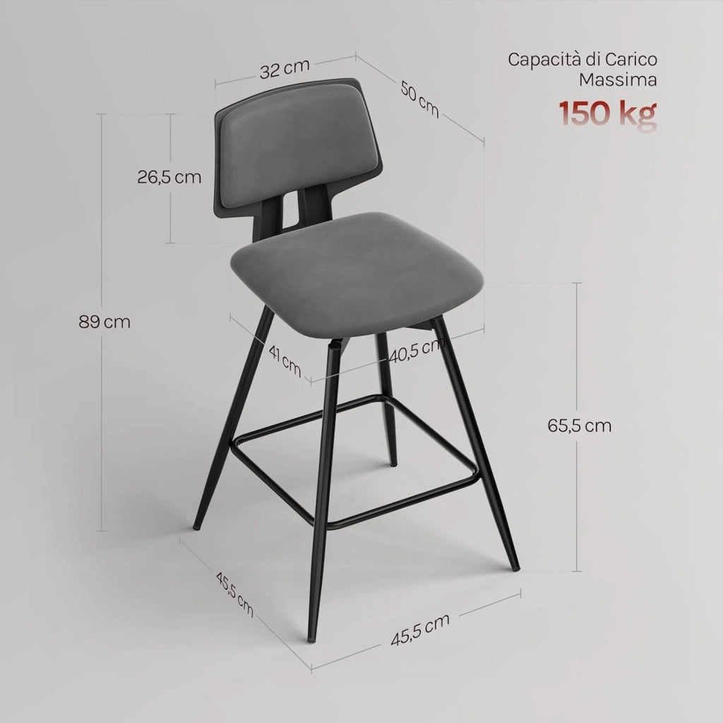 Sgabelli Cucina Set di 2, Sgabelli Bar Girevoli a 360°, con Schienale e Poggiapiedi, in Velluto di Latte, per Cucina, Bar, Soggiorno, Grigio Scuro
