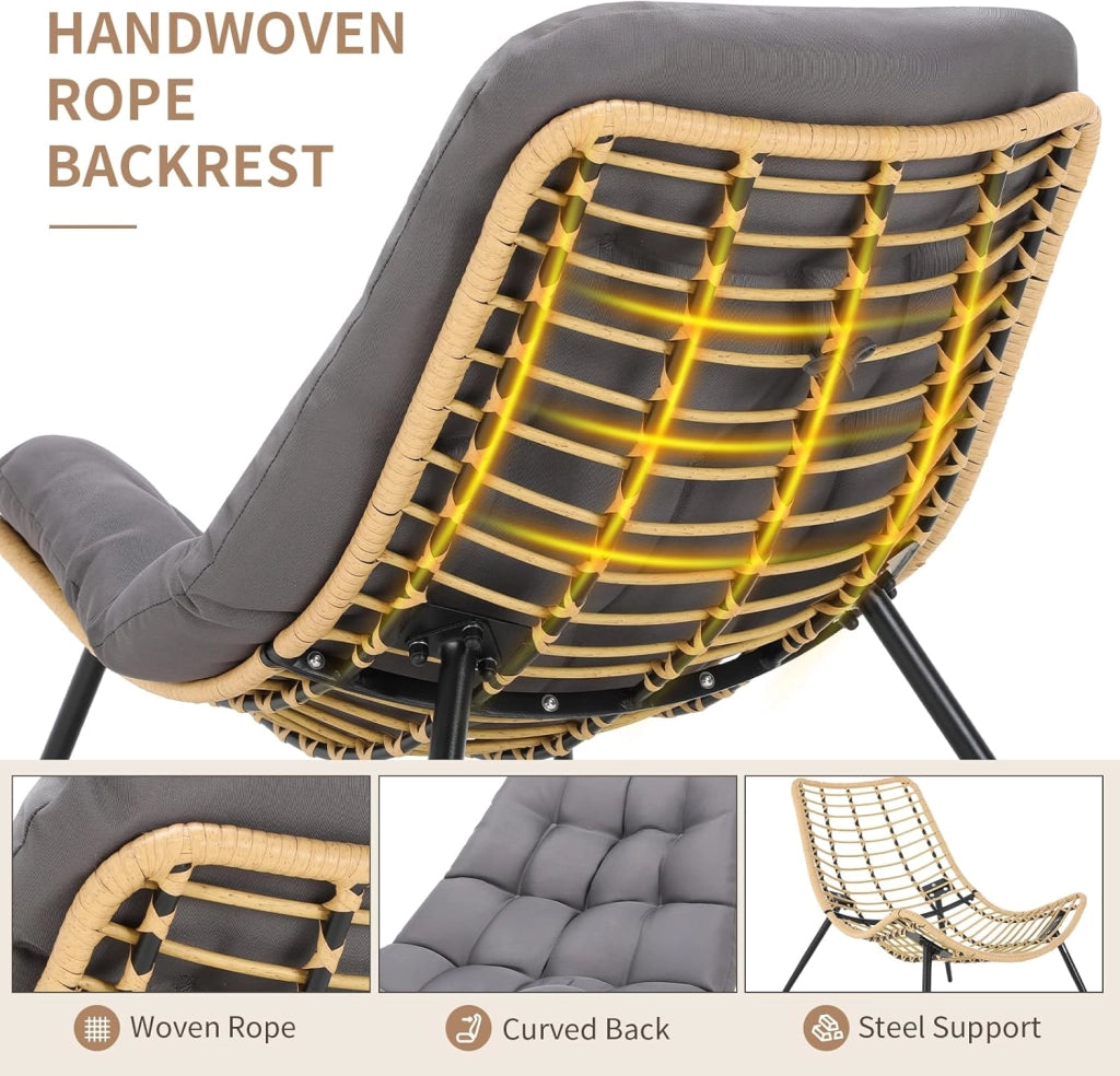 Sedia a sdraio con sgabello, in rattan, resistente alle intemperie, fino a 120 kg, poltrona da balcone con cuscino rimovibile, cuscino impermeabile, per giardino, balcone, soggiorno, cortile