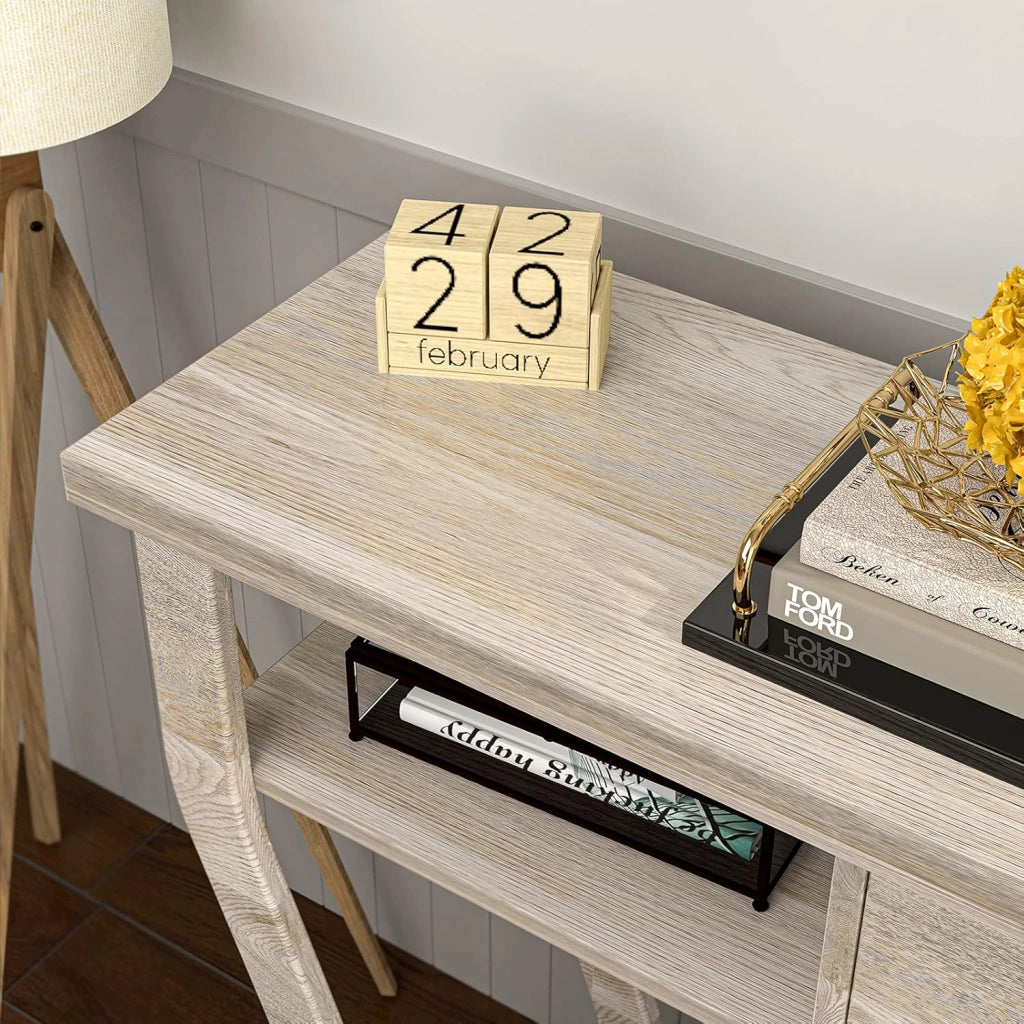 Tavolo Consolle Legno, a 3 Ripiani, Stretto e Compatto, Cassetto con Manico, Console per Soggiorno, Salotto, Ingresso, Portata di 60 kg, 120x30x81cm, 3 Colori (Grigio)