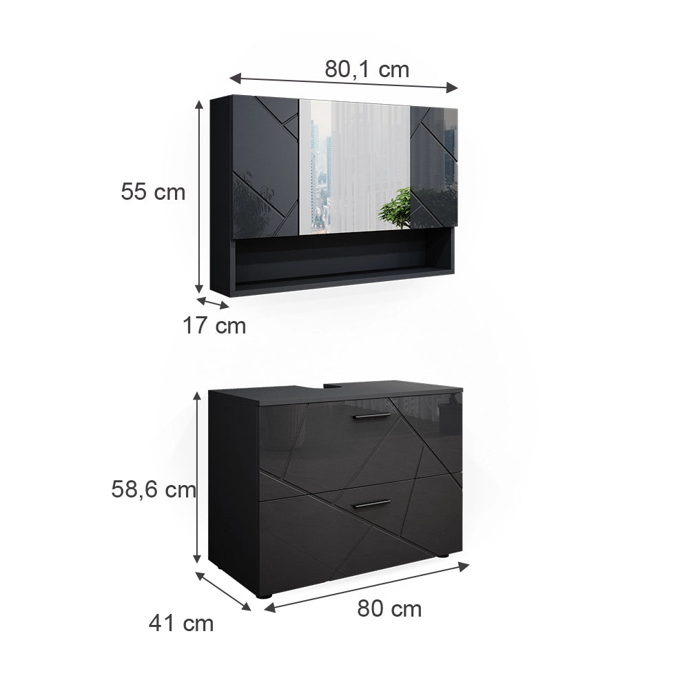 Vicco Set mobili bagno Antracite lucido 2 parti, mobile base 80 cm