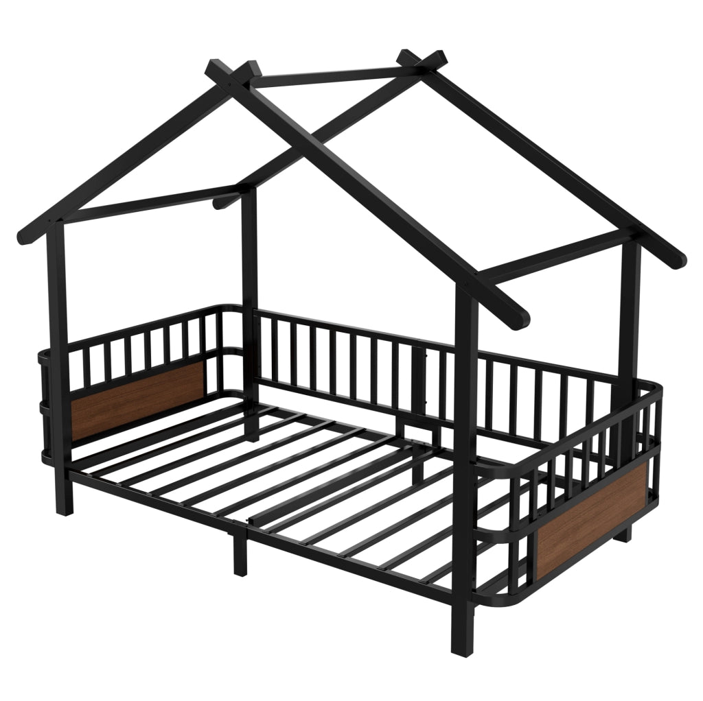 Letto a casetta 90x200 cm con sbarre di sicurezza in metallo nero