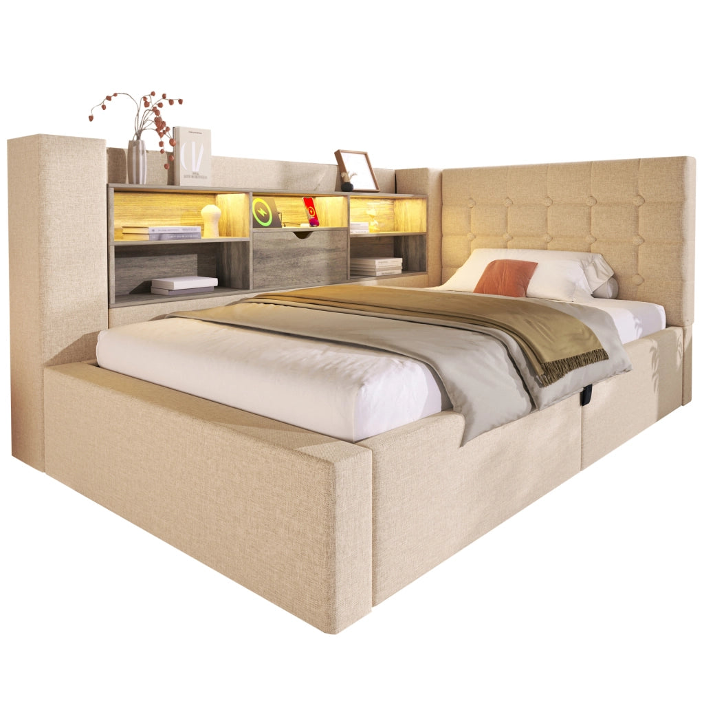 Letto singolo 90x200 cm in lino beige con LED; contenitore idraulico; USB e materasso