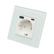 Presa Schuko da incasso bianca 220V, 16A, 2xUSB A+C 20W ricarica rapida, cornice in vetro 86x86x34mm