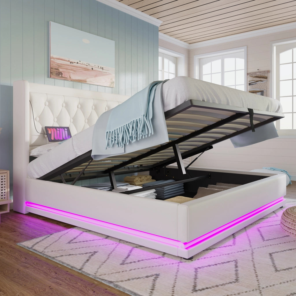 OKWISH Letto Contenitore 180×200 cm, Letto Matrimoniale con USB, Tipo C, LED e Testiera Imbottita, senza Materasso, in PU, Bianco