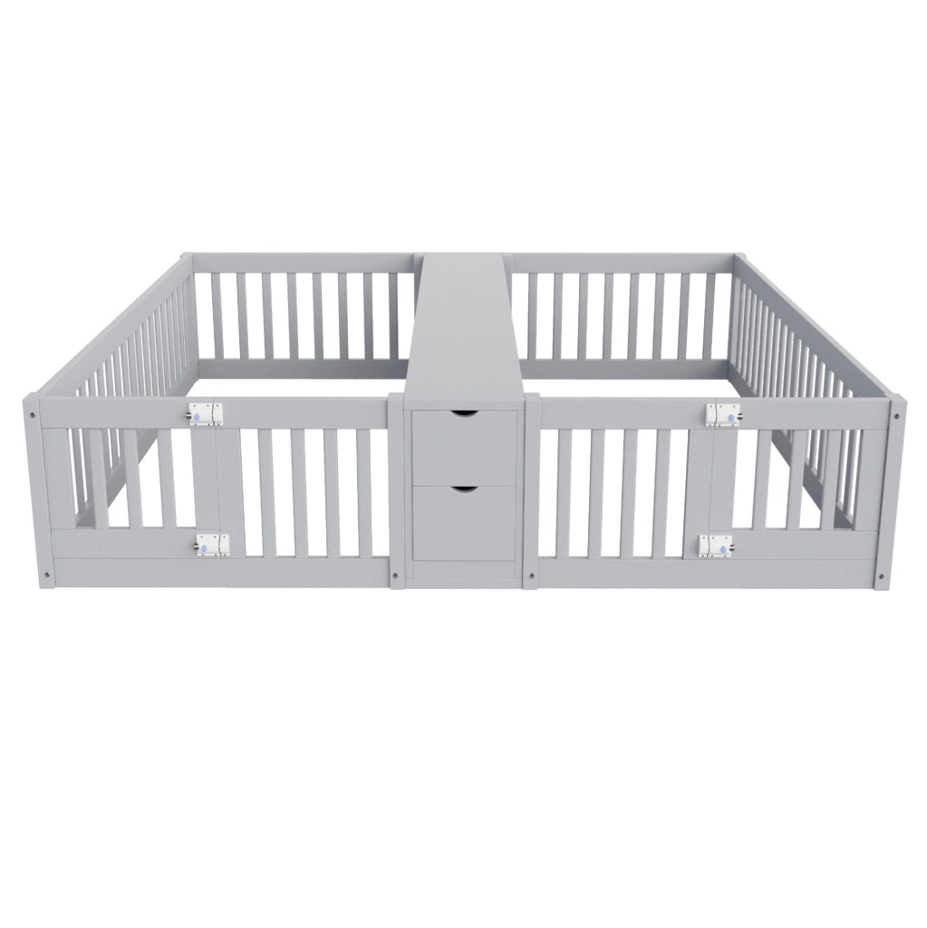 Letto doppio per bambini 90x200 cm con scaffale e 2 cassetti; in legno grigio