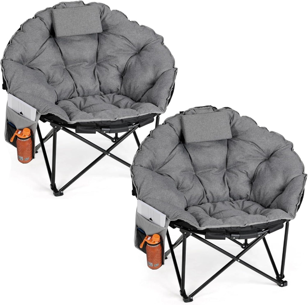 Moonchair - 2 sedie da campeggio di lusso, 150 kg, rotonde, imbottite, pieghevoli, con borsa portaoggetti, piedini antiscivolo, poggiatesta, tasca laterale, per giardino, spiaggia, grigio