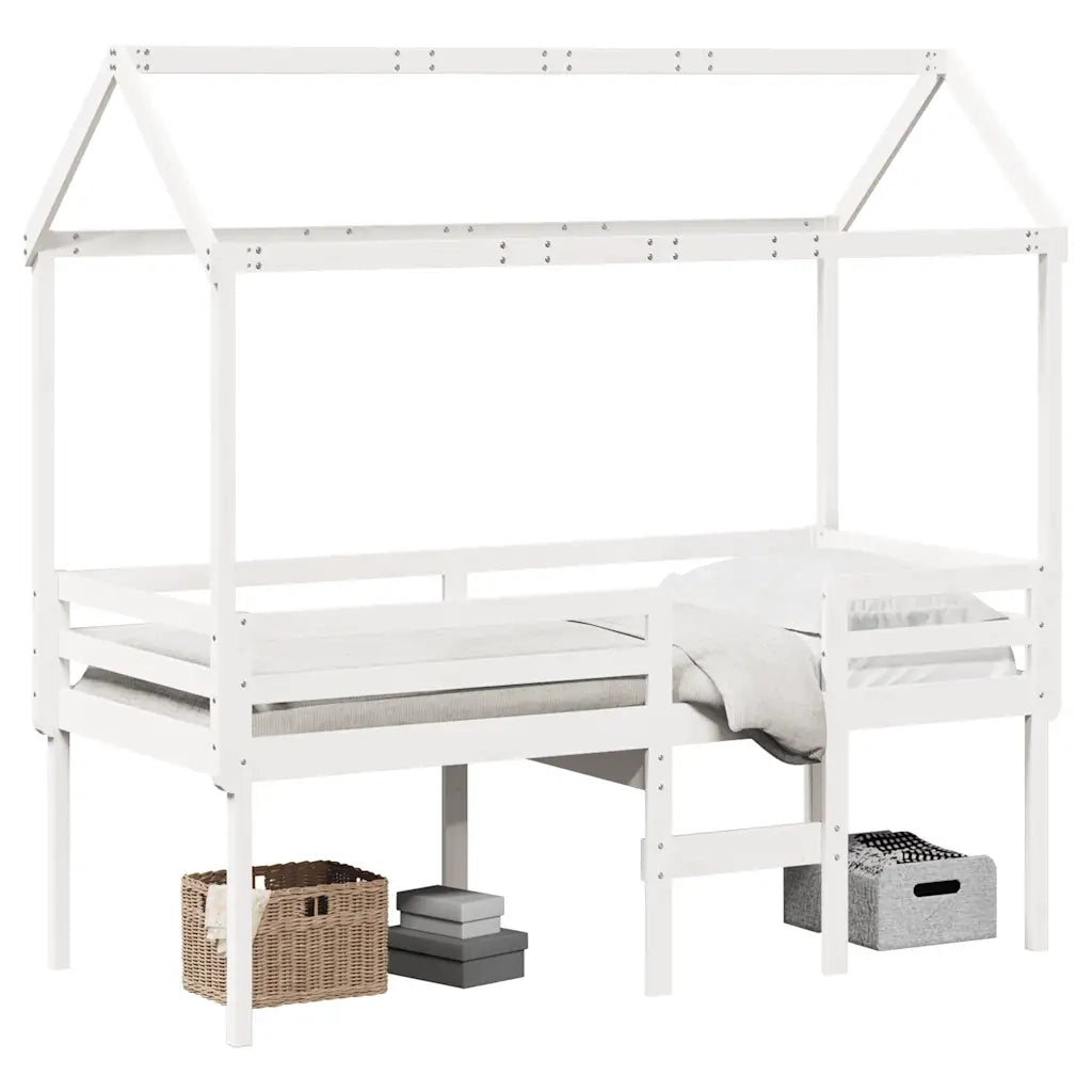 Letto a Soppalco con Tetto Bianco 90x190 cm in Legno di Pino