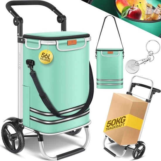 Carrello per Spese con Ruote e Ripostiglio - Carrello per Spese Ripiegabile fino a 50 kg di Capacità di Carico | 3-in-1 Carrello, Carrello per Spese e Borsa per Spese Removibile in Verde Mint