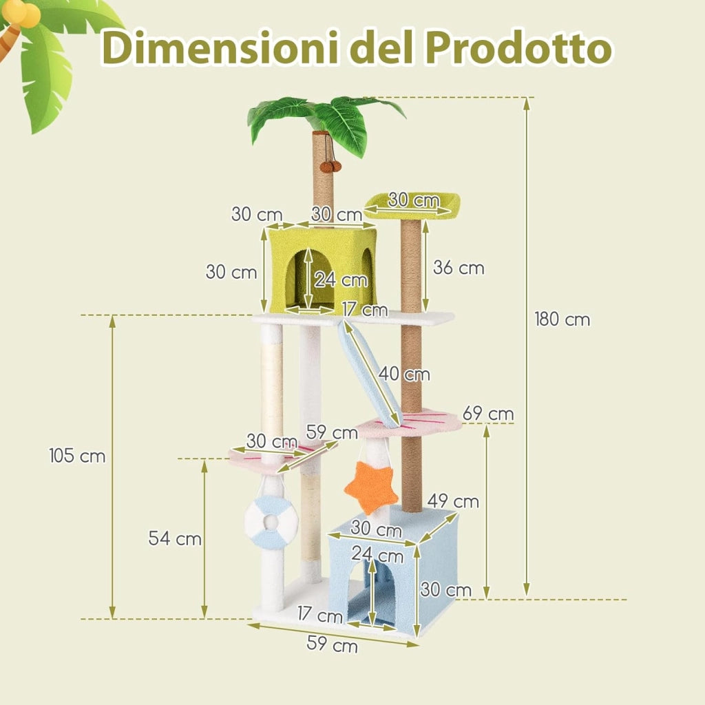 Tiragraffi per Gatto Alto 180 cm Stile Tropicale, Albero Tiragraffi Gatti con Pali con Corda in Juta, Piattaforme, 2 Grotte e Pompon, Torre Gatto Rivestito in Peluche, Blu e Verde