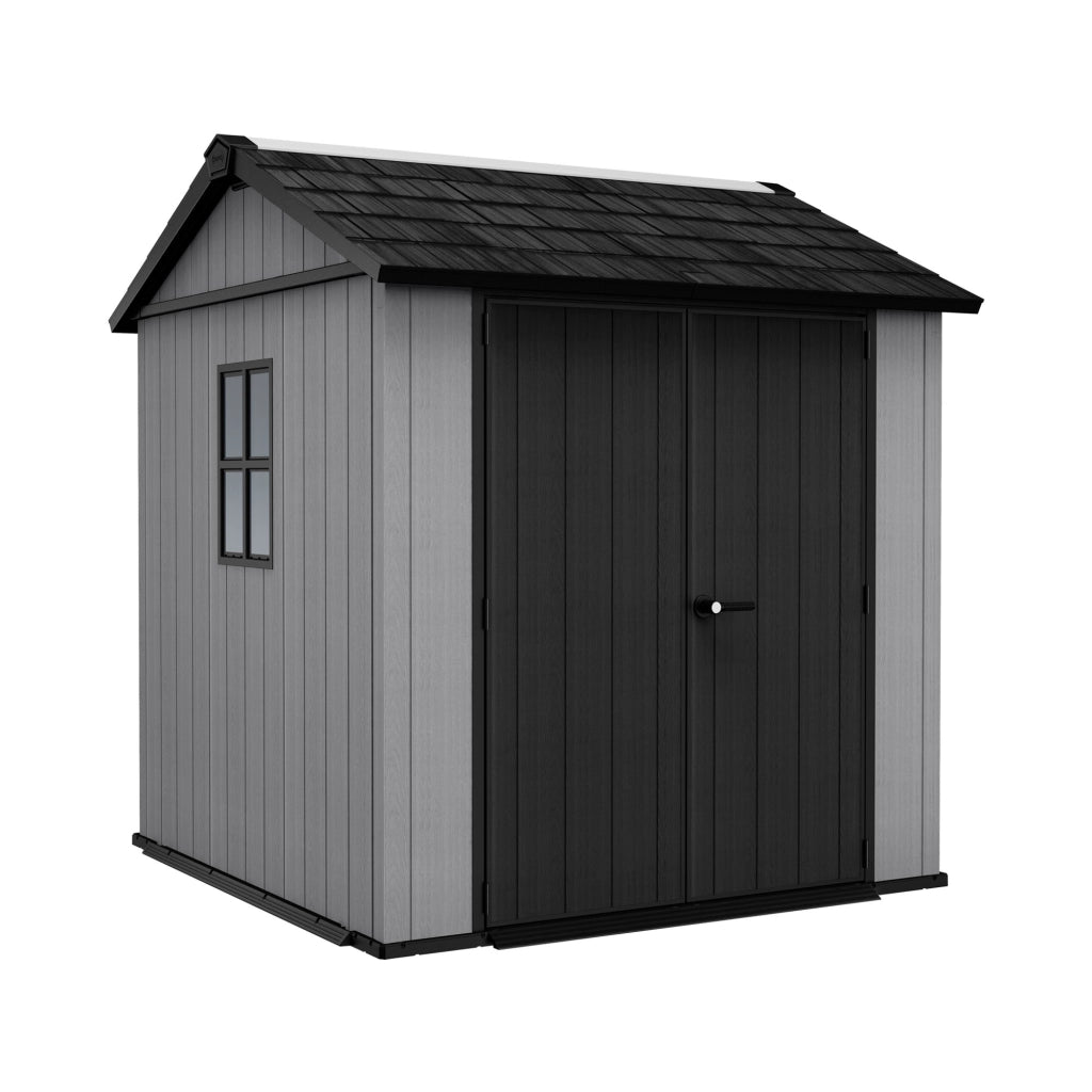 Newton + 757/775 - Casetta da Giardino 223x246x230 cm 2 Ante per deposito attrezzi finitura effetto legno Evotech+ in Resina Grigio e Nero