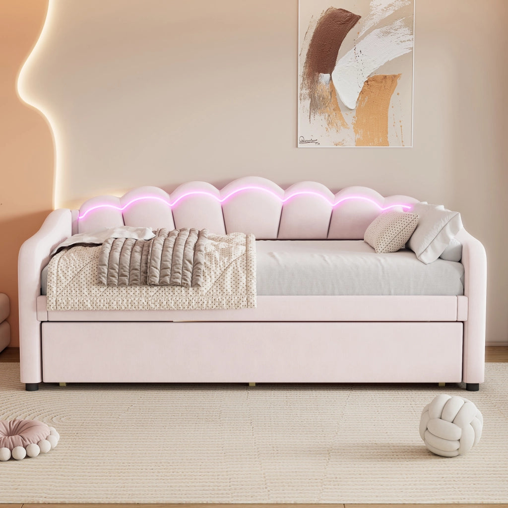 Letto estraibile singolo 90×200 cm con LED regolabile e rete; senza materasso; velluto; rosa
