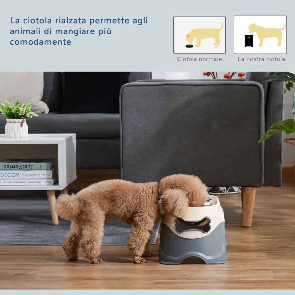 Ciotola per Cani Doppia Rialzata ¨C zephmum ¨C Acciaio Inox e Plastica Bianco Grigio 47x25x20cm