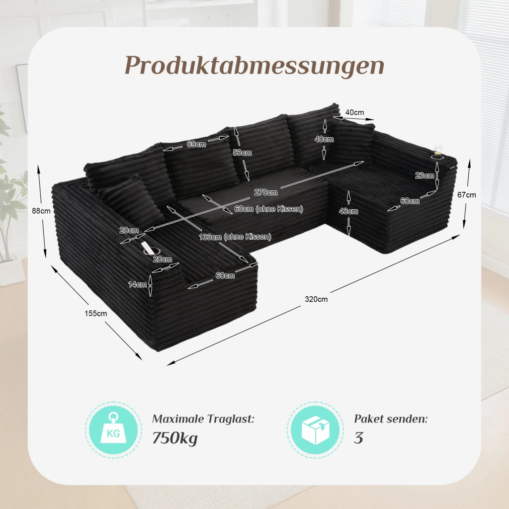 Divano modulare a U con portabicchieri e tasche laterali in velluto a coste nero con 4 cuscini 320 × 155 × 88 cm