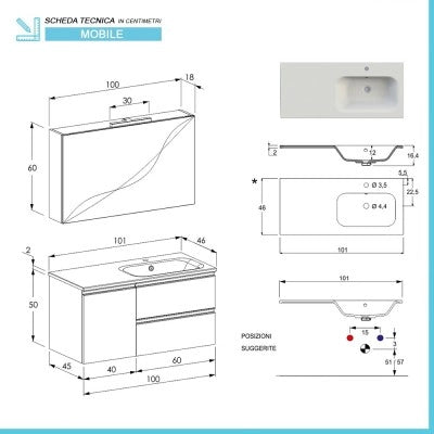 Mobile bagno sospeso 100 cm rovere miele con cassetti e anta completo di lavabo a destra e specchio Master
