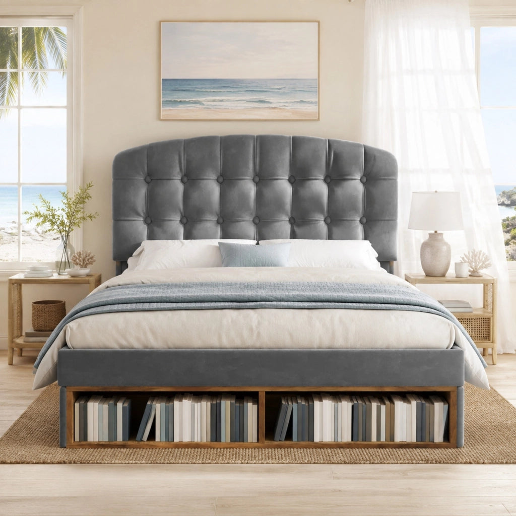 Letto imbottito matrimoniale 140x200 cm in velluto grigio con rete a doghe, testiera regolabile, cassetti e vani portaoggetti